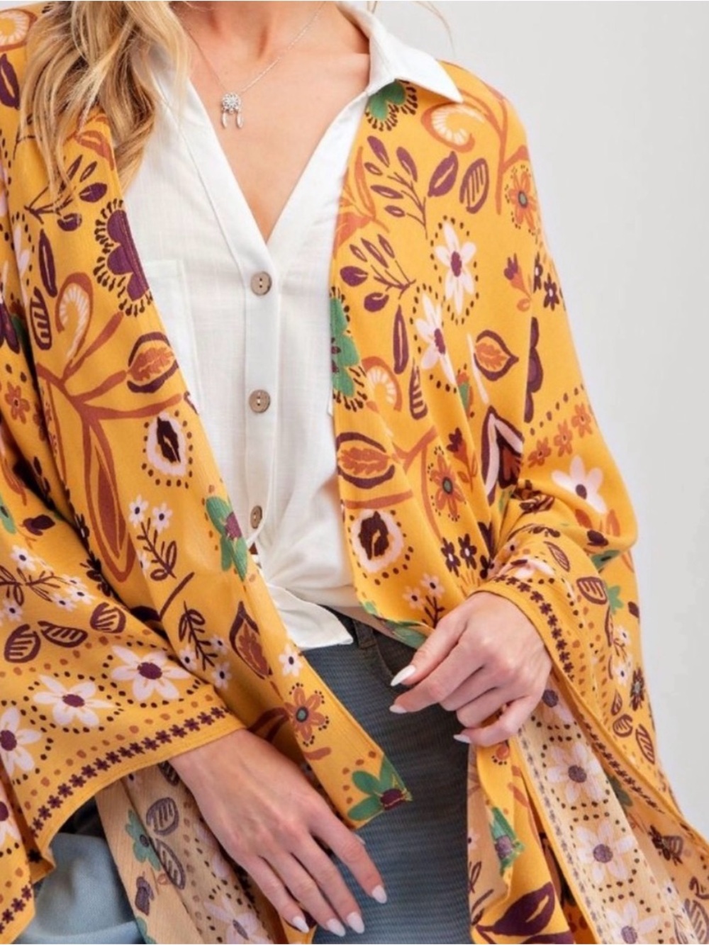 Easel Mustard Yellow Floral Kimono Wrap